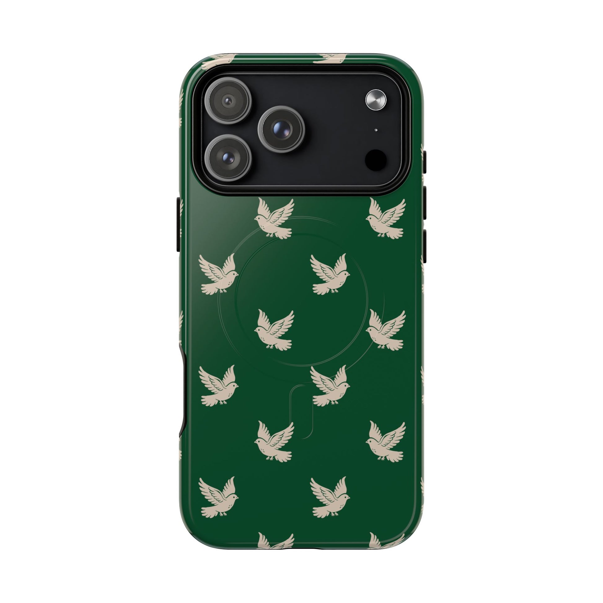 Phone case with bird pattern on a green background