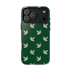 Phone case with bird pattern on a green background