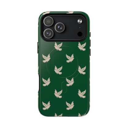Phone case with bird pattern on a green background