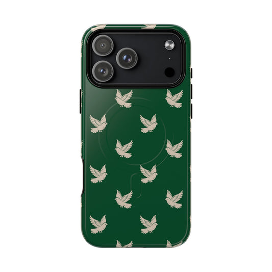 Phone case with bird pattern on a green background