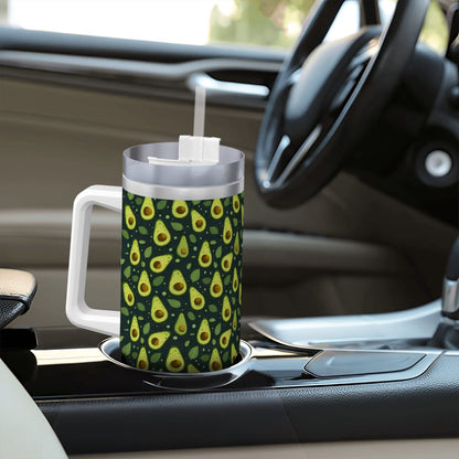 Tumbler with avocado pattern on a car dashboard