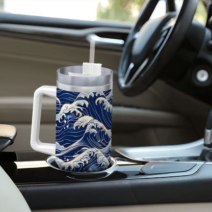 Glass mug with wave design on a car dashboard
