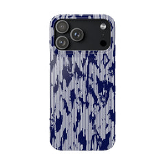 Phone case with blue abstract pattern on a white background