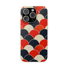 Phone case with a colorful geometric pattern on a white background