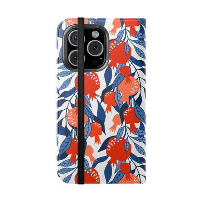 Phone case with red pomegranate and blue leaf pattern on a white background
