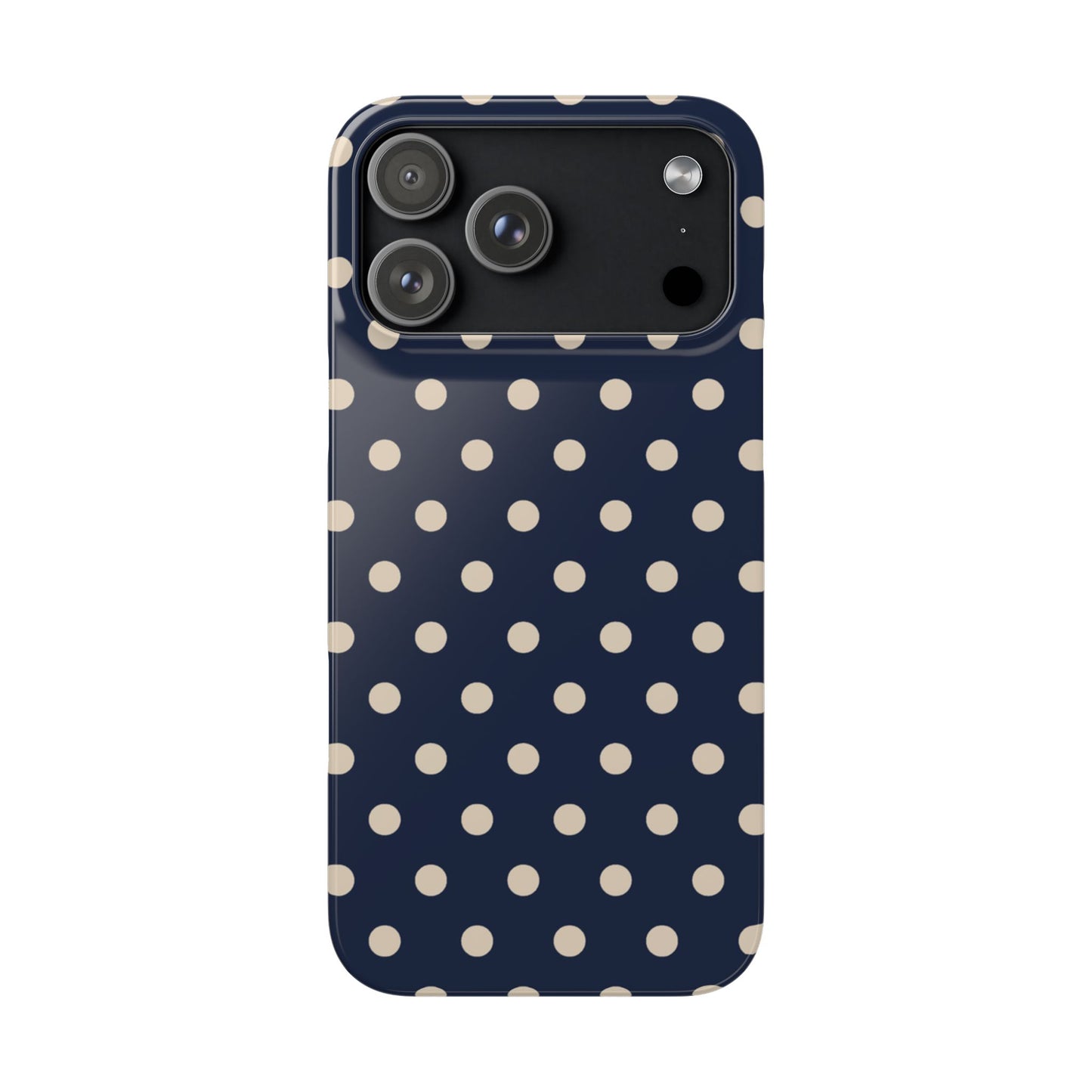 Phone case with navy blue background and white polka dots on a white background