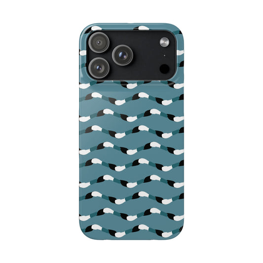 Phone case with wavy pattern on a blue background
