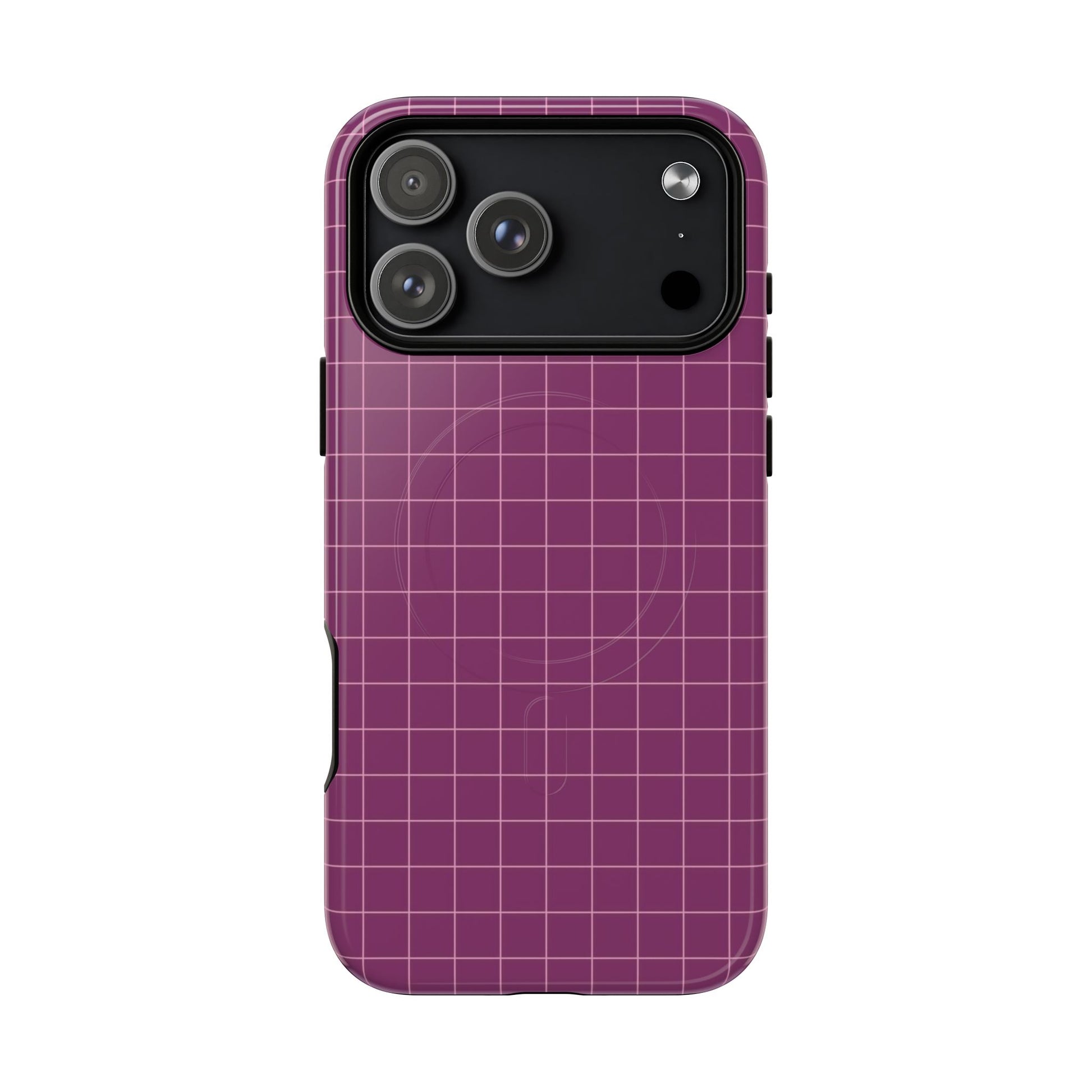 Phone case with purple grid pattern on a white background