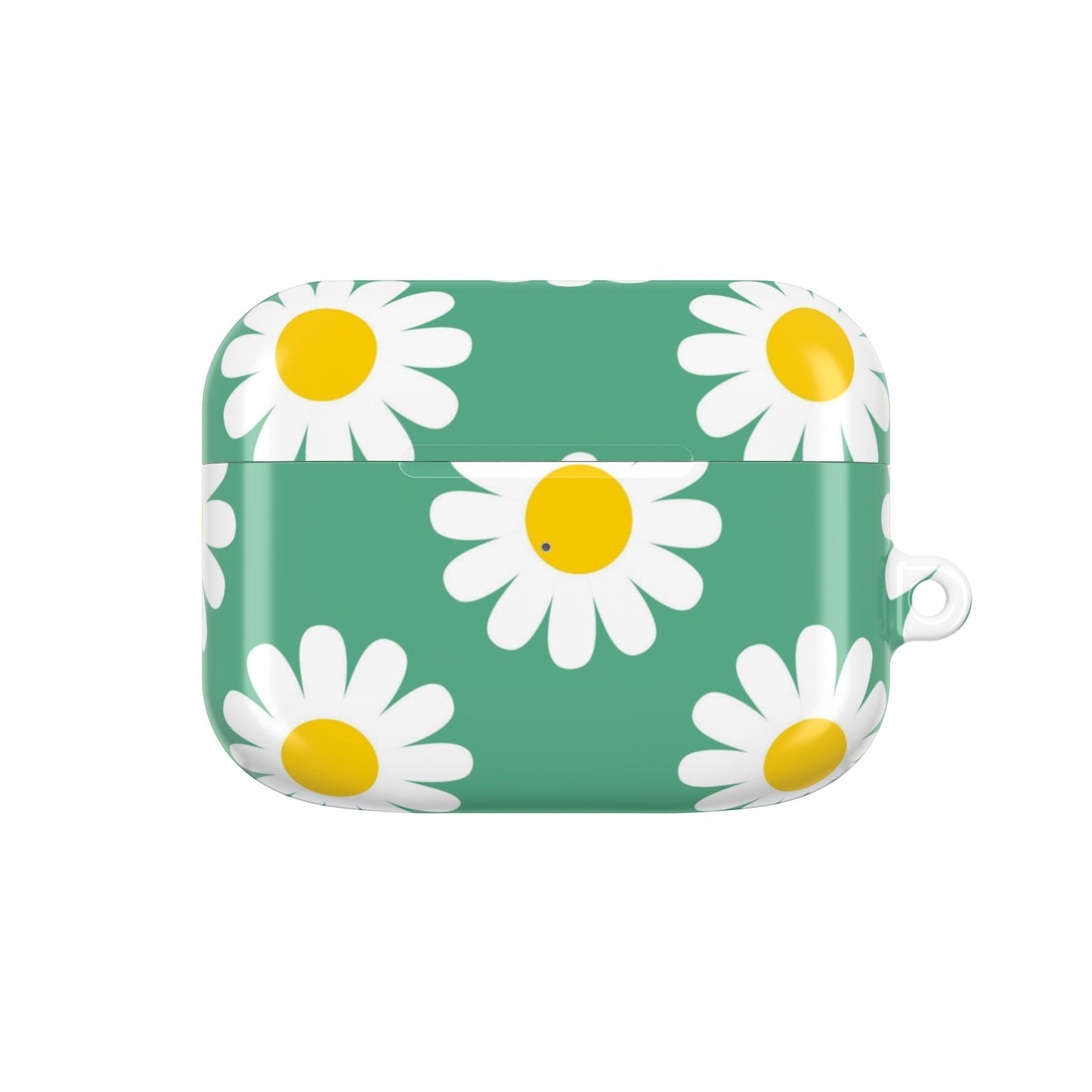 Rectangular green case with white daisy flowers on a white background