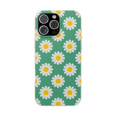Phone case with daisy pattern on a green background