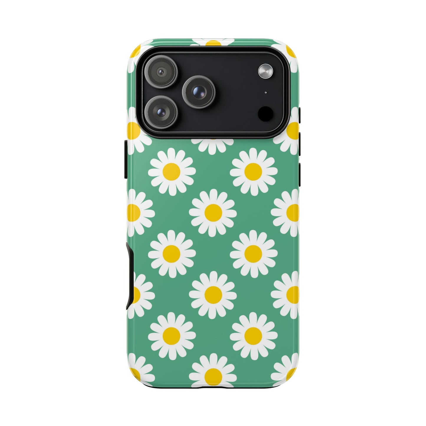 Phone case with daisy pattern on a green background