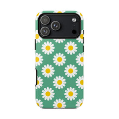 Phone case with daisy pattern on a green background