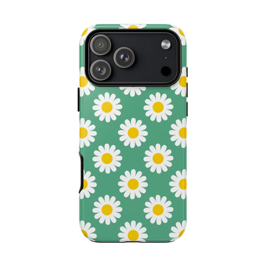 Phone case with daisy pattern on a green background