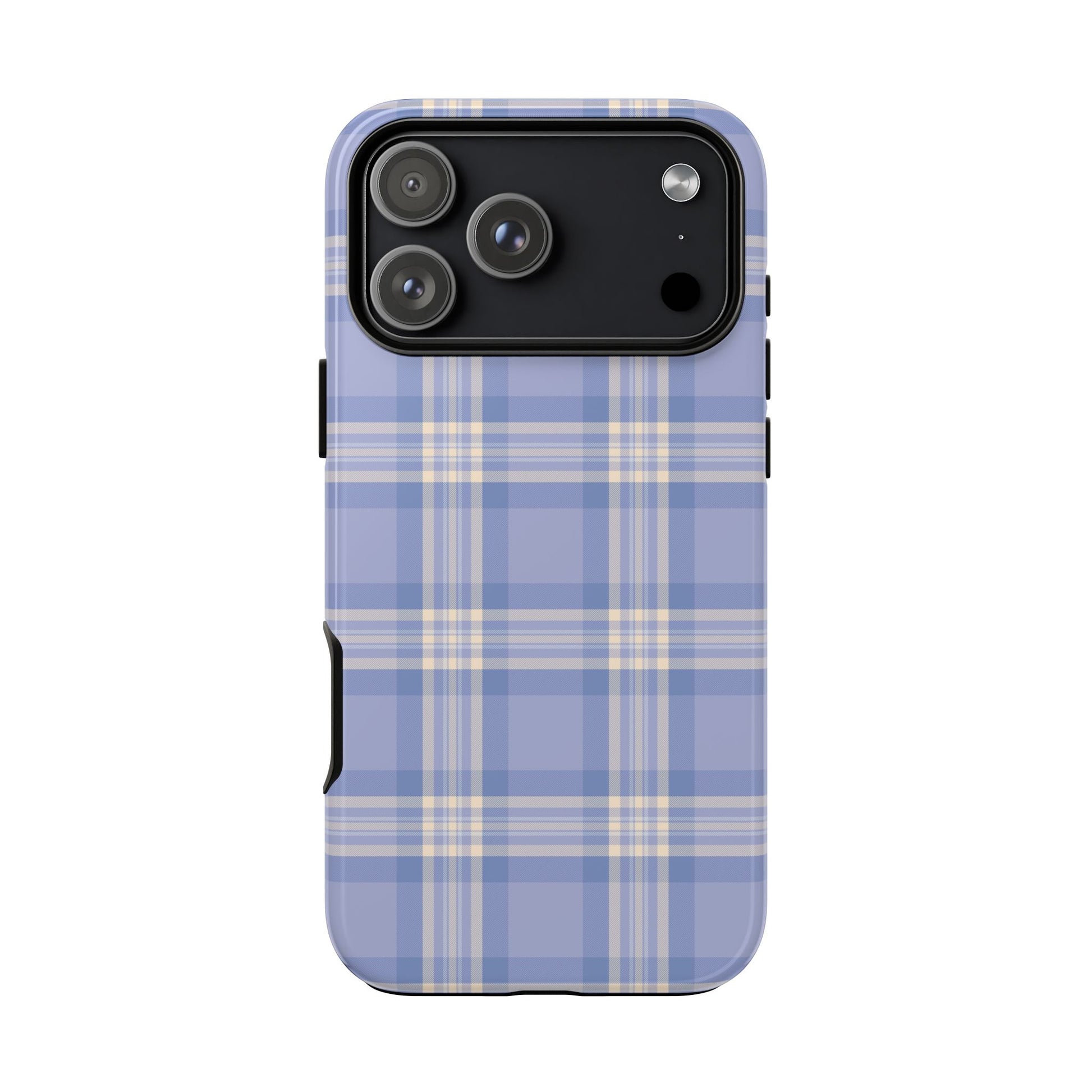 Phone case with blue and beige plaid pattern on a white background