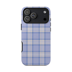 Phone case with blue and beige plaid pattern on a white background