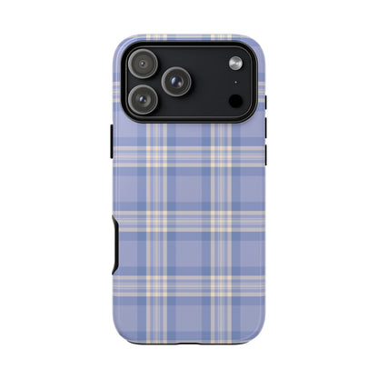 Phone case with blue and beige plaid pattern on a white background