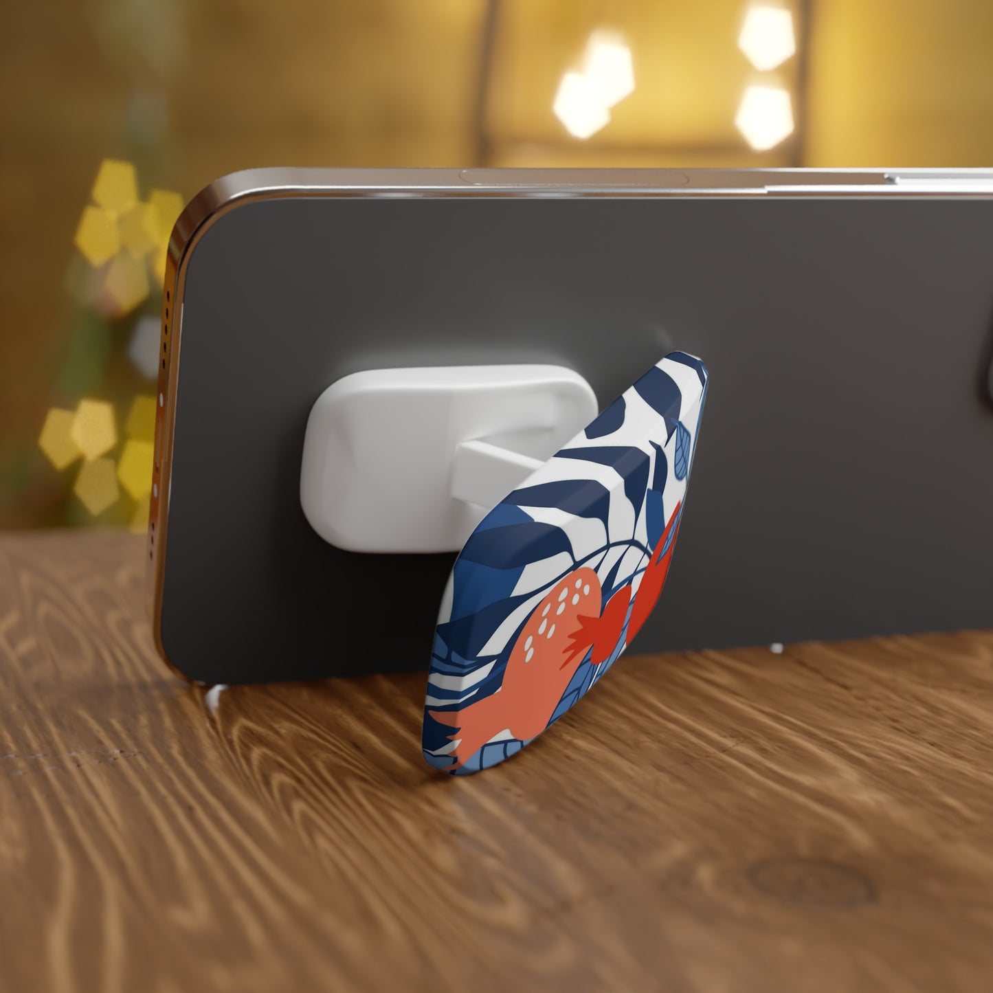 Phone case with a floral design on a wooden surface