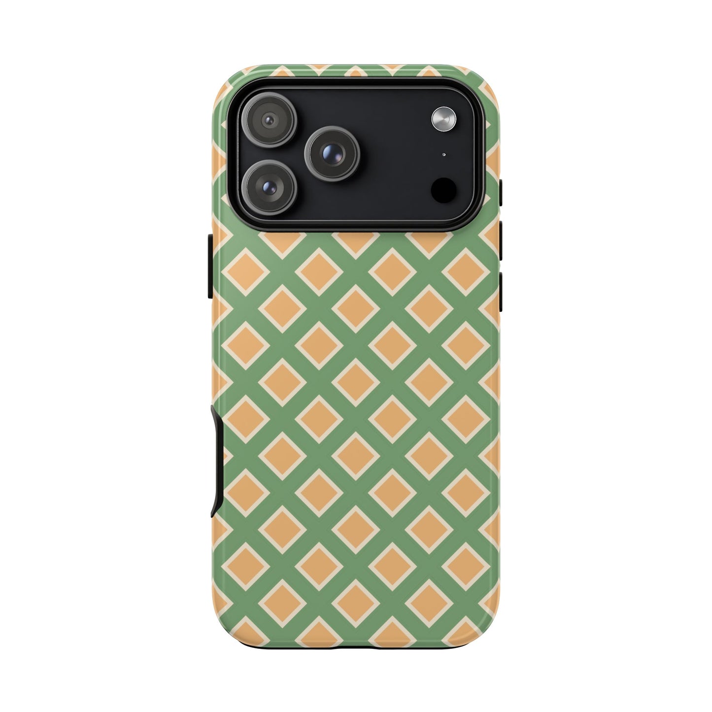 Phone case with pink polka dots on a green background