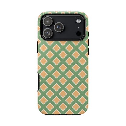 Phone case with pink polka dots on a green background
