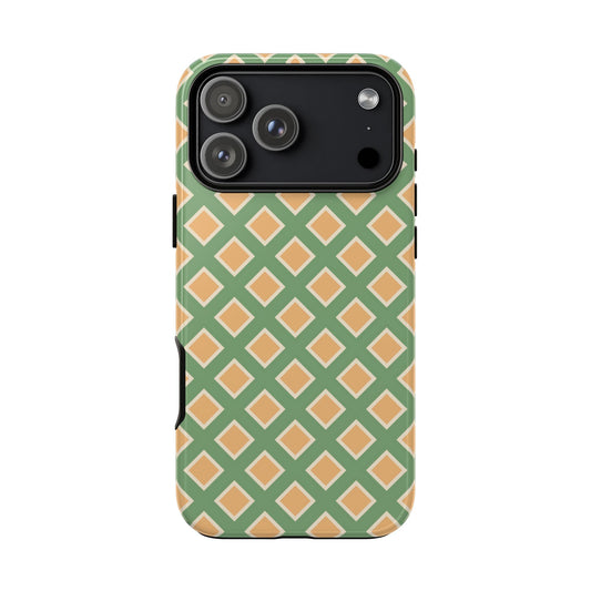 Phone case with pink polka dots on a green background