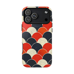 Phone case with a colorful geometric pattern on a white background