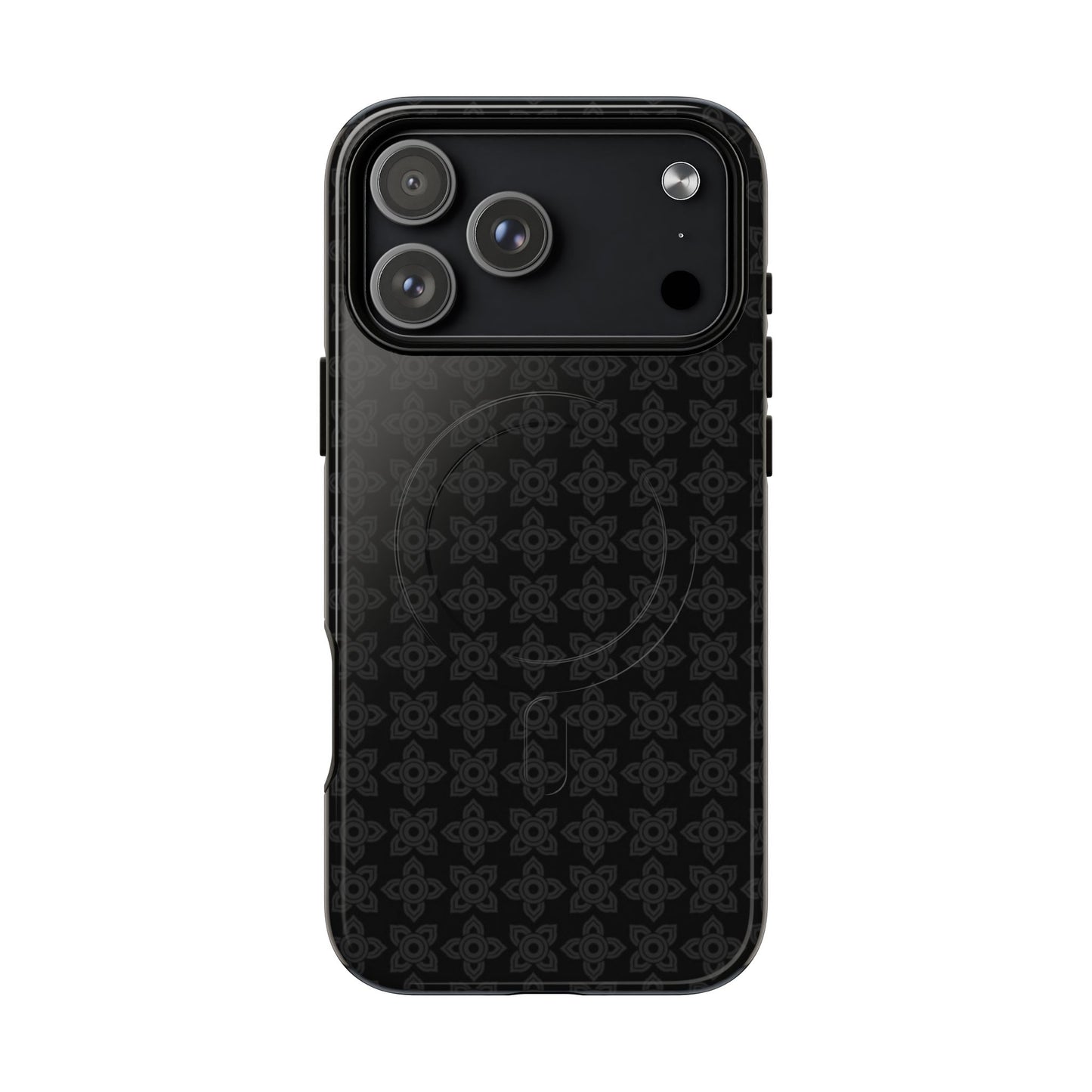 Black phone case with pattern on a white background