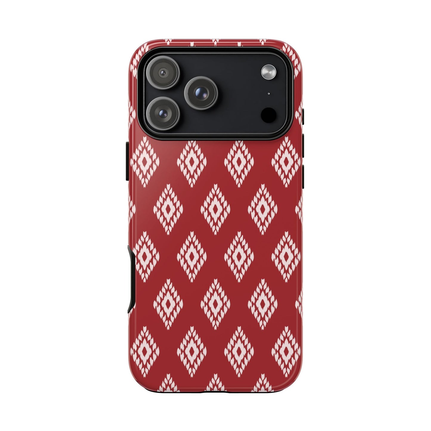 Phone case with red and white geometric pattern on a white background