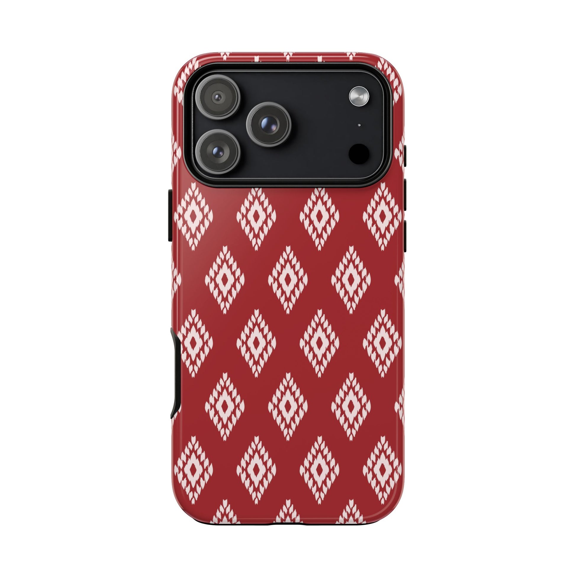 Phone case with red and white geometric pattern on a white background