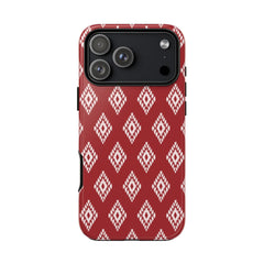 Phone case with red and white geometric pattern on a white background