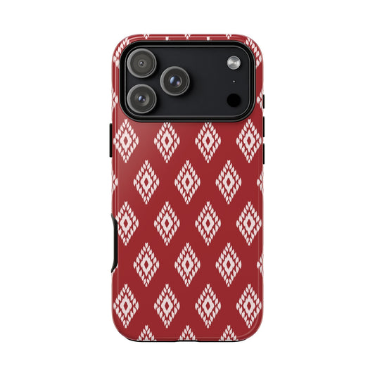 Phone case with red and white geometric pattern on a white background