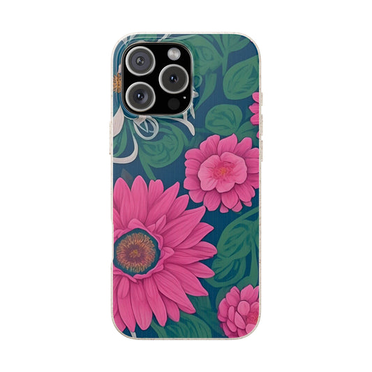 Phone case with pink flowers and green leaves on a blue background