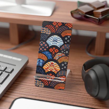 Colorful phone case with geometric pattern on a desk with keyboard and headphones | Casenari