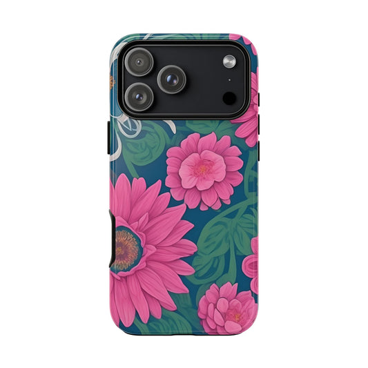 Phone case with pink flowers and green leaves on a blue background