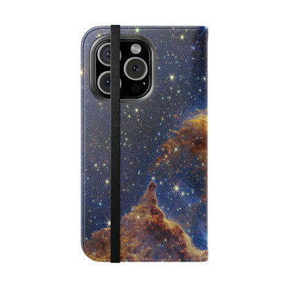 Phone case with a space-themed design featuring stars and nebulae on a white background