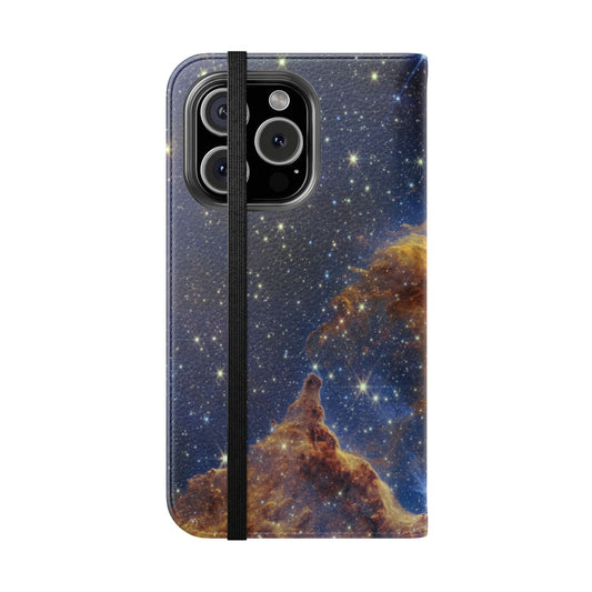 Phone case with a space-themed design featuring stars and nebulae on a white background