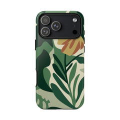 Phone case with green leaf pattern on a white background