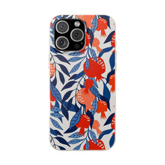 Phone case with pomegranate and leaf pattern on a white background