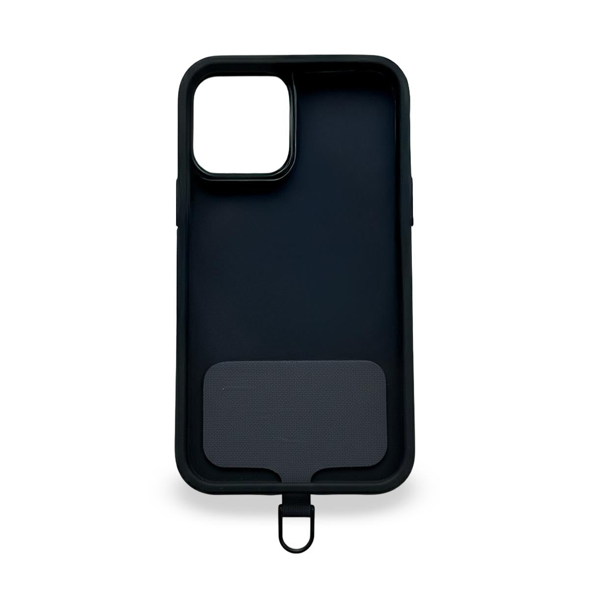 Black phone case with a strap on a white background