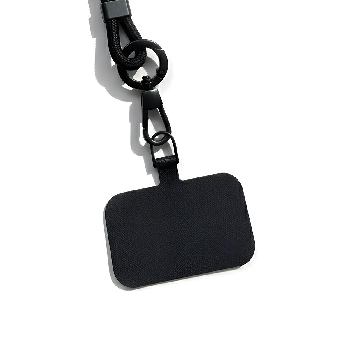 Black lanyard with a clip on a white background