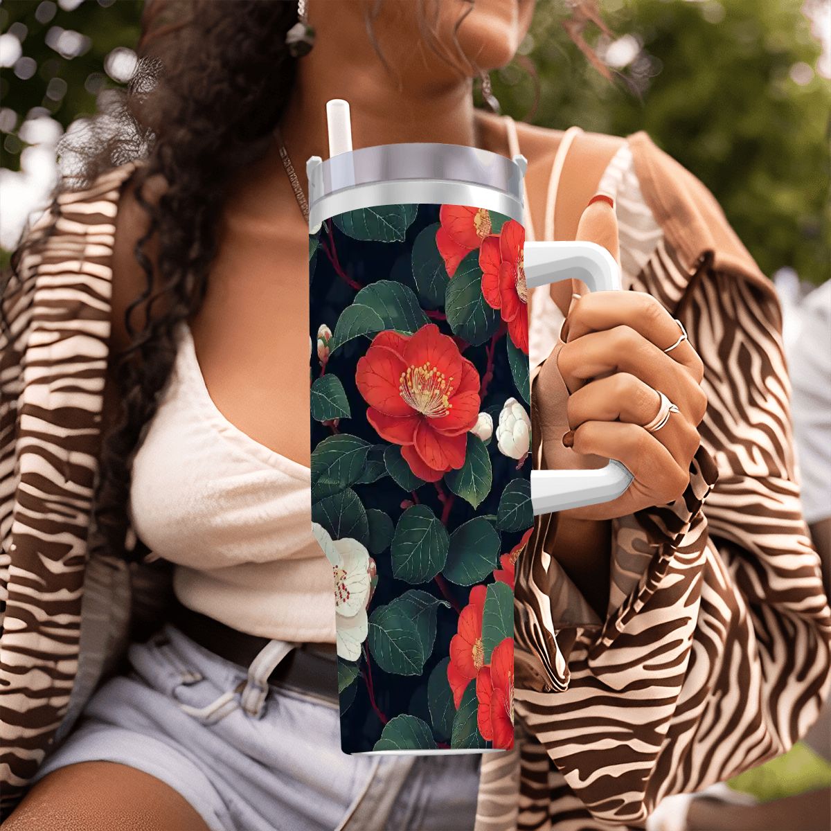 Person holding a floral-patterned tumbler outdoors