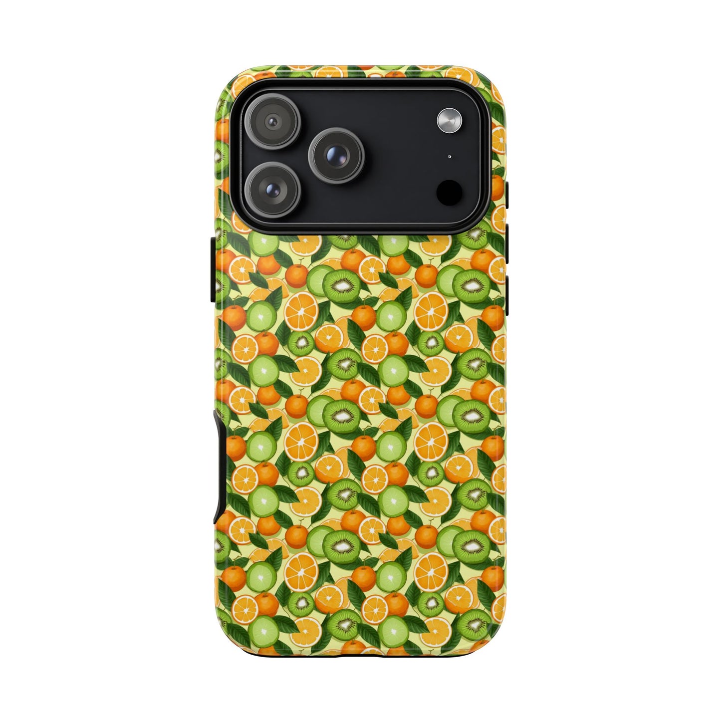 Phone case with a colorful fruit pattern on a white background