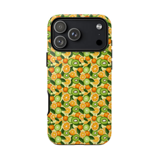Phone case with a colorful fruit pattern on a white background