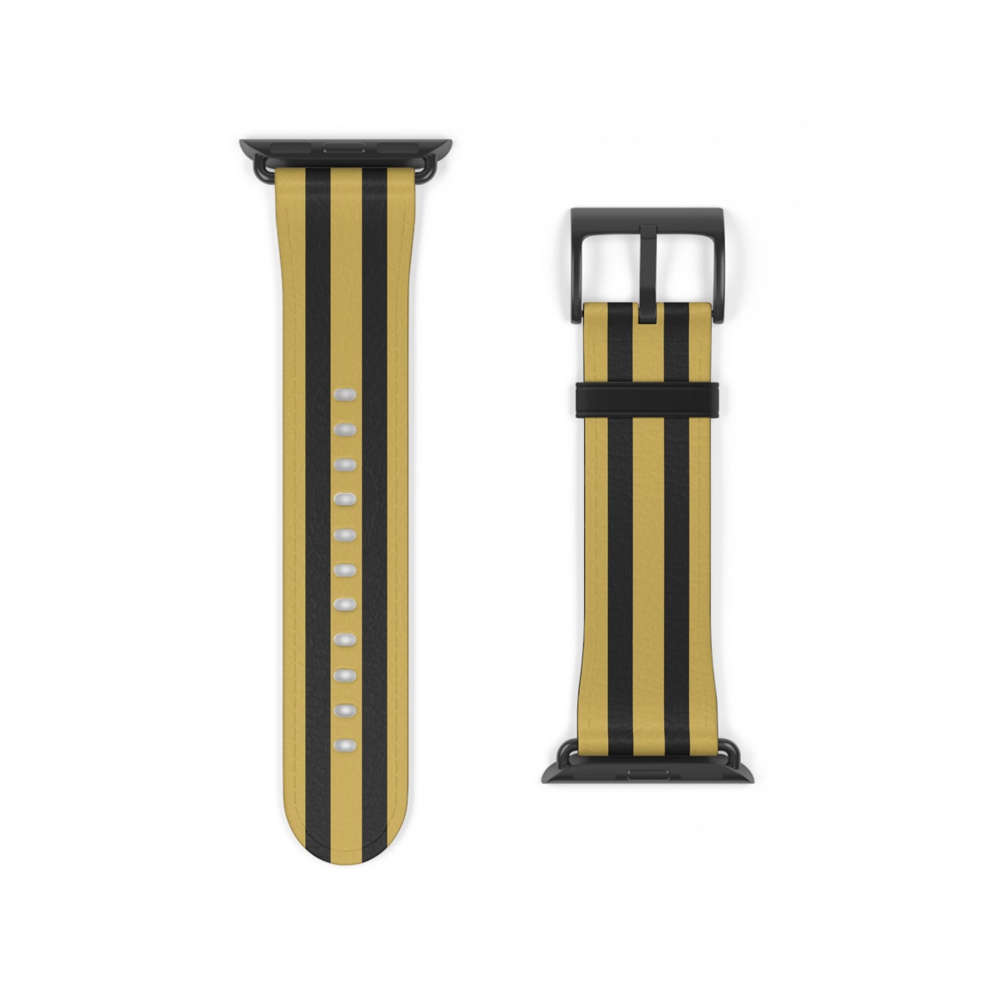 Black and gold striped watch band on a white background