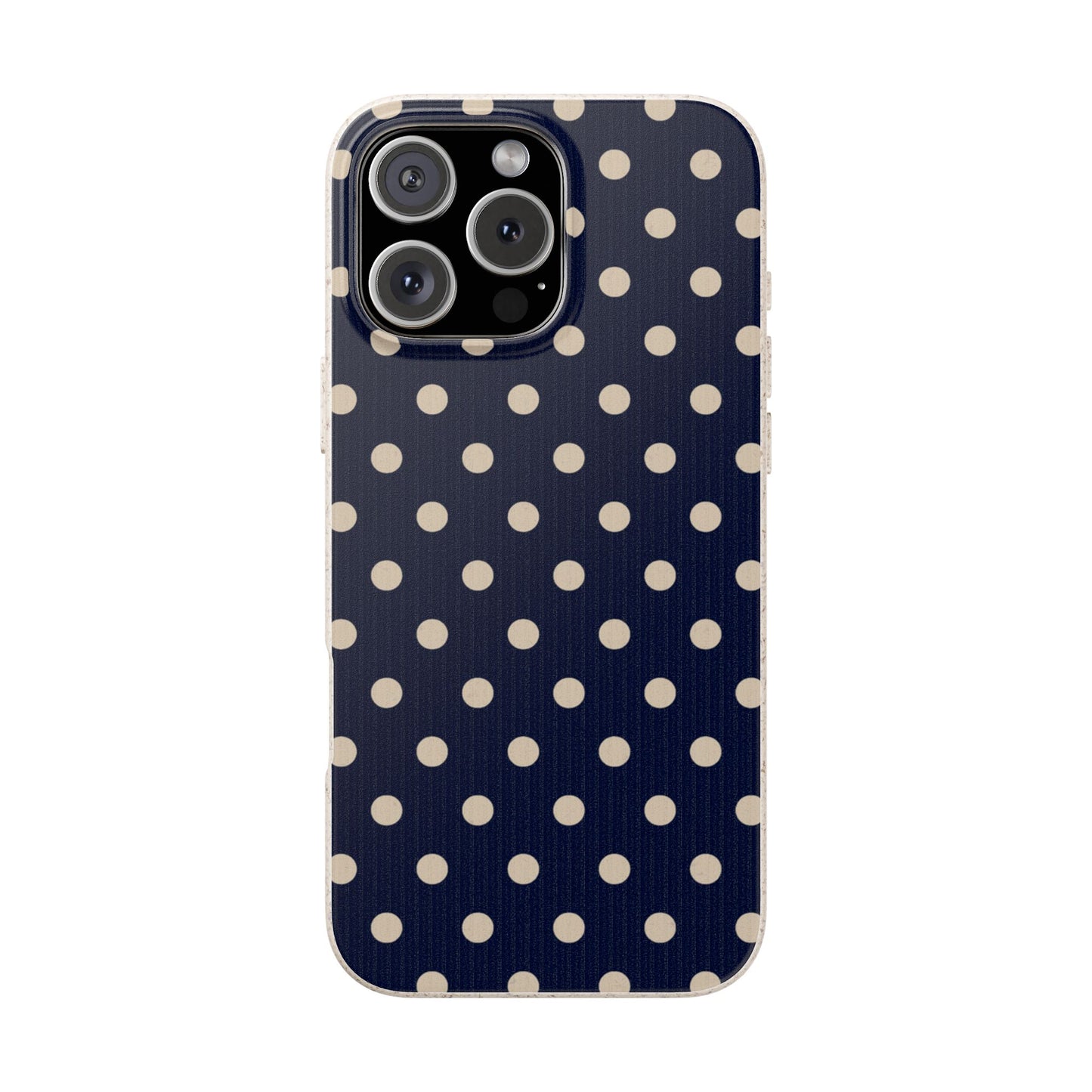 Phone case with a navy background and white polka dots on a white background