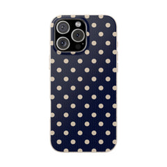 Phone case with a navy background and white polka dots on a white background
