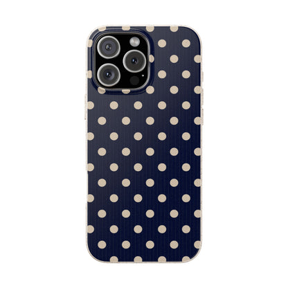 Phone case with a navy background and white polka dots on a white background