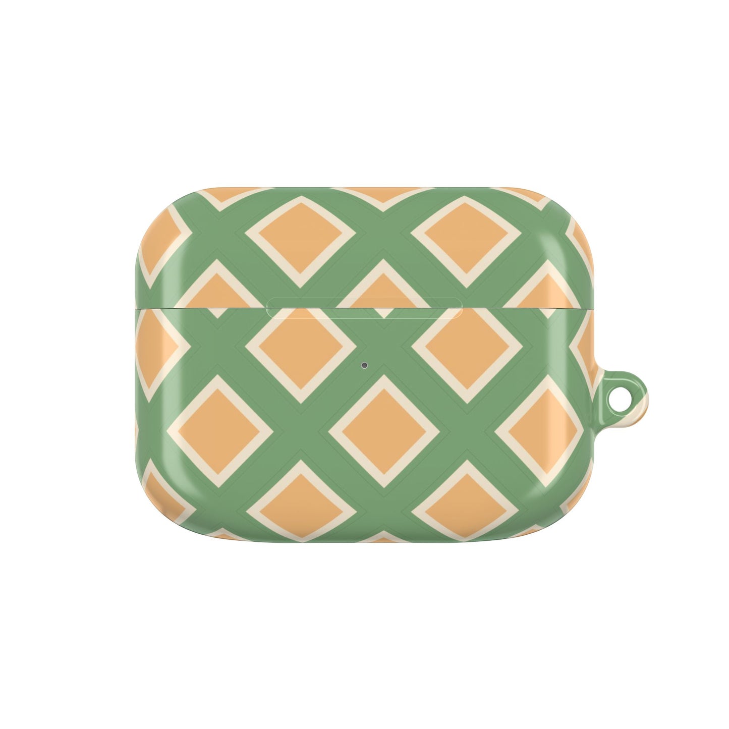 Green and orange patterned case on a white background