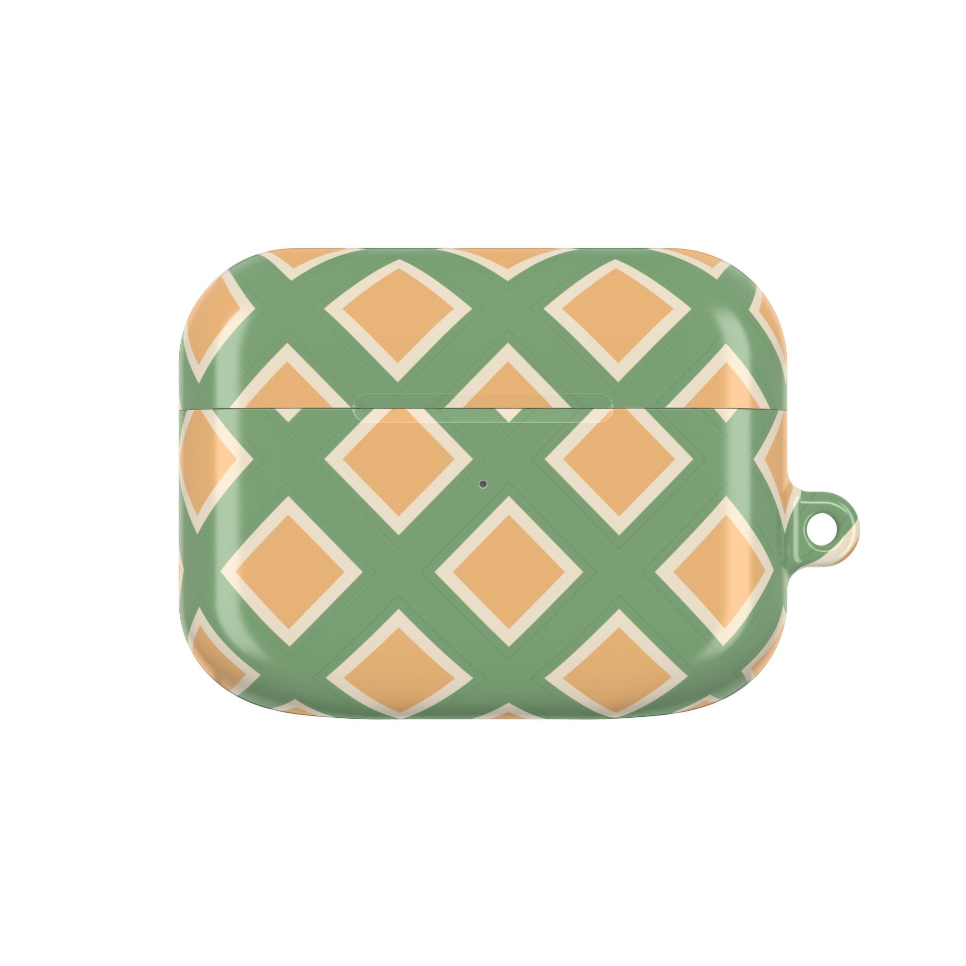 Green and orange patterned case on a white background