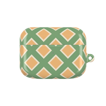 Green and orange patterned case on a white background