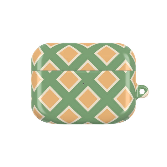 Green and orange patterned case on a white background